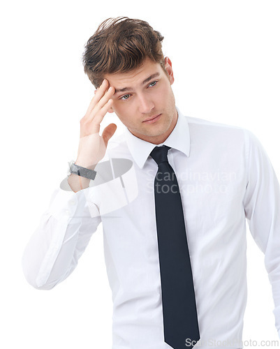 Image of Studio, headache and young businessman frustrated on mockup and professional with migraine. Attorney, mistake or fatigue with burnout for law career, work or legal case fail by white background