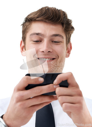 Image of Employee, playing and video games with phone in studio of white background of backdrop in office. Man, happy and using mobile for fun in workplace or corporate company, internet and technology