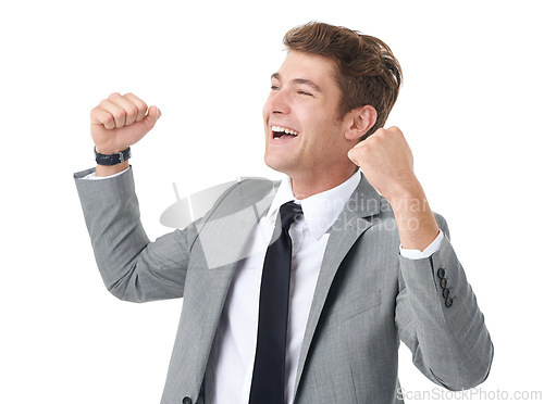 Image of Businessman, fist pump and winner in studio with celebration or deal and growth in company shares. Happy guy, professional lawyer or yes for job achievement, promotion or success by white background