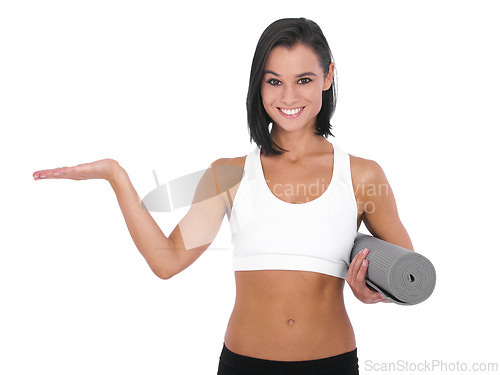 Image of Happy woman, portrait and yoga with palm for advertising, marketing or fitness in workout exercise on a white studio background. Female person or yogi with hand out for health and wellness on mockup