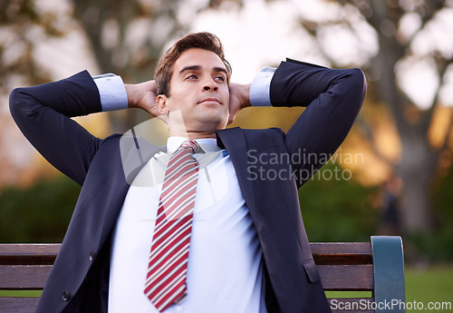 Image of Businessman, bench and relax in park for morning, idea or fresh air at sunrise in New York. Corporate, man and formal clothes with confidence for vision, break or thinking outdoors in nature