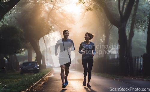 Image of In the early morning glow, a vital couple energizes the streets with their invigorating run, embracing a healthy and active start to the day