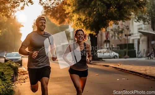 Image of In the early morning glow, a vital couple energizes the streets with their invigorating run, embracing a healthy and active start to the day