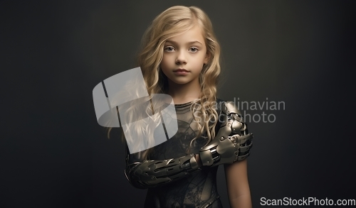 Image of Isolated on a grey backdrop, a young girl with a robotic arm symbolizes innovation and hope for a technologically advanced future.Generated image