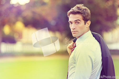 Image of Business, travel and portrait of man in park with confidence, attitude or positive mindset. Career, focus and salesman portrait with jacket in forest for meeting, opportunity or appointment in nature