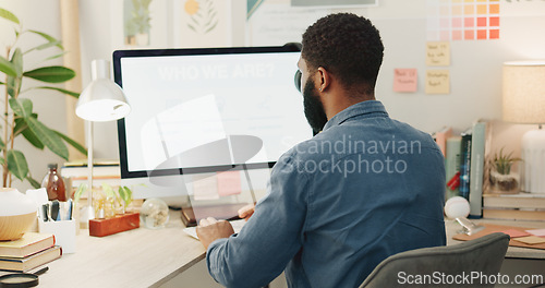 Image of Night, desk and a black man with a notebook for planning of work goals, target or ideas for a project. Workspace, strategy and an African businessman writing for deadline inspiration or notes