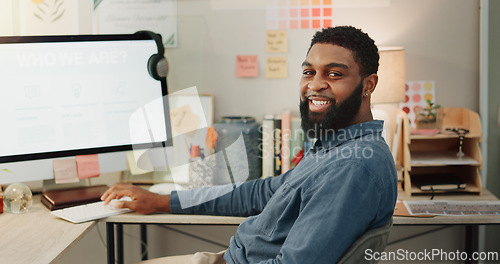 Image of Office, green screen or happy web designer on computer to research software, website or digital transformation. Smile, face or black man at desk for copywriting branding, advertising or mockup space