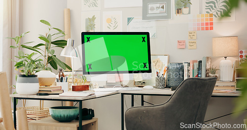 Image of Office, desk and computer with green screen, mockup and desktop placeholder for website design information. Pc monitor, chromakey and space for media promo, branding or logo in creative workplace.