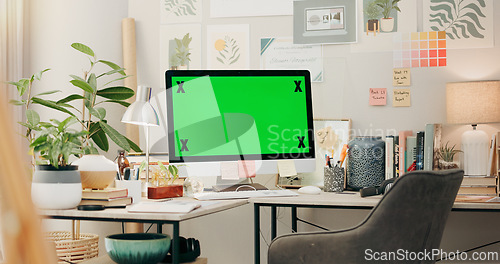 Image of Office, desk and computer with green screen, chromakey and desktop placeholder for website design information. Pc monitor, mockup and space for media promo, branding or logo in creative workplace.