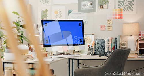 Image of Office, monitor and computer with green screen, mockup and desktop placeholder for website design information. Pc desk, chromakey and space for media promo, branding or logo in creative workplace.