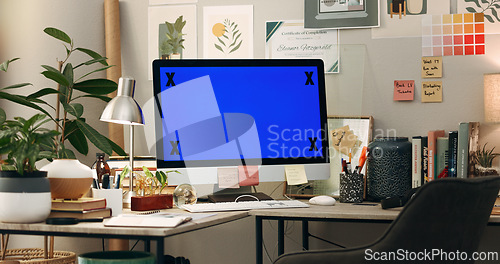 Image of Office, mockup or green screen on computer to research network, chroma key marker or web design. Background, empty or technology at work desk for copywriting branding, advertising or marketing space