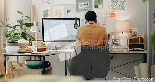 Image of Planning ideas, office and a black woman with a notebook for business, project inspiration or goals. Workspace, notes and an African employee writing notes about work information, schedule or agenda