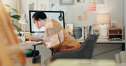 Image of Planning ideas, office and a black woman with a notebook for business, project inspiration or goals. Workspace, notes and an African employee writing notes about work information, schedule or agenda