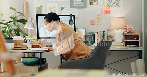 Image of Planning ideas, office and a black woman with a notebook for business, project inspiration or goals. Workspace, notes and an African employee writing notes about work information, schedule or agenda