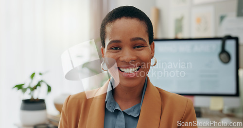 Image of Face, business and black woman with a smile, office or professional with career ambition, company or computer. Portrait, African person or happy employee in a workplace, pc or consultant with startup