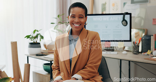 Image of Remote work, portrait and black woman at desk with computer, headphones and smile in home office. Freelance, internet and technology, online career with happy virtual assistant working in apartment.