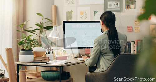Image of Business woman, writing and computer screen for website design planning, copywriting about us and marketing. Professional designer or editor with notebook ideas, brainstorming and editing on monitor