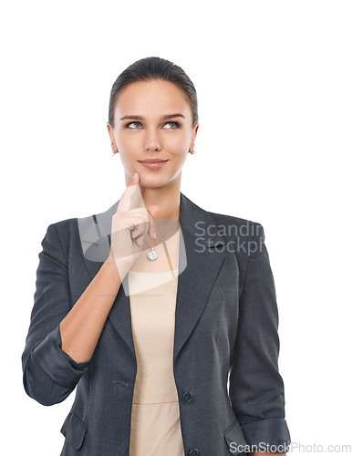 Image of Business woman, white background and thinking for accounting, finance and clients in company. Professional female auditor, studio and idea for office, space and confidence for thought and workplace