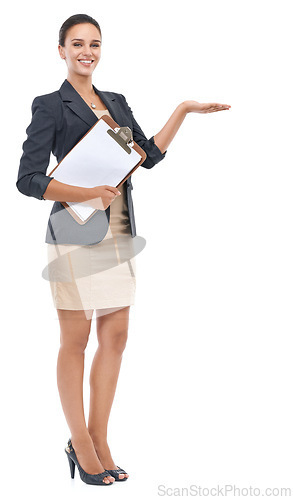 Image of Girl, portrait and corporate with clipboard in studio, receptionist and business career with paper. Female secretary, checklist and schedule, show presentation and smile with white background