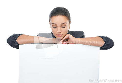 Image of Woman, promotion and billboard with mockup space in studio, news and information for market sales. Girl, poster and announcement for advertising, placard and communication with white background