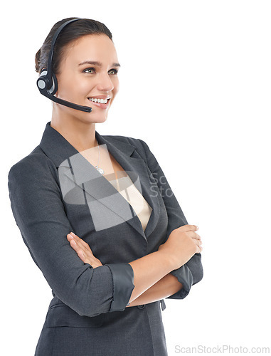 Image of Businesswoman, headset and consultant in studio, customer service and crm on white background. Female person, call centre representative and tech support or assistant, contact and agent at helpdesk