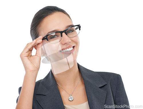 Image of Businesswoman, glasses and confidence in studio portrait, professional and consultant on white background. Female person, eyewear and entrepreneur pride for startup company, optical care and smile