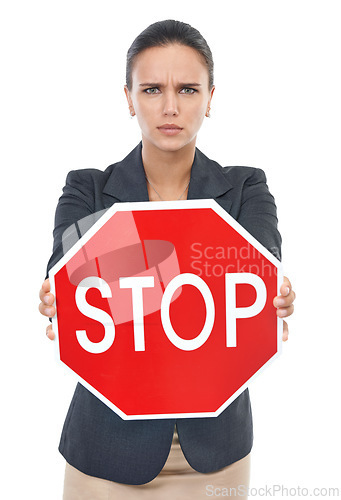 Image of Business woman, portrait and stop sign in protest, emergency or warning on a white studio background. Concerned or frustrated female person or employee with shape, icon or symbol for danger or signal