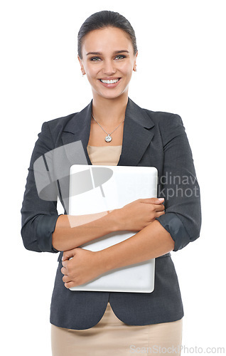 Image of Happy woman, portrait and laptop of receptionist in business fashion on a white studio background. Female person, admin or secretary with smile and computer in formal clothing for corporate style