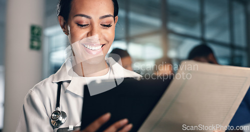 Image of Doctor, woman and tablet with document, night and analysis for results, decision and info in hospital. Medic, digital touchscreen and paperwork for health, history and planning for thinking in clinic