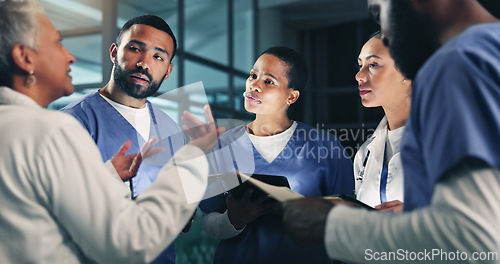 Image of Doctor, team management and tablet at night with planning medical, healthcare and clinic surgery. Hospital team and conversation and planning with research and results information for collaboration