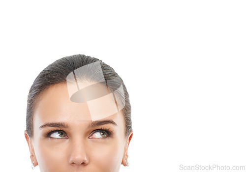 Image of Woman, face and thinking of idea in decision, choice or brainstorming on a white studio background. Closeup of female person in wonder, thought or dream for opinion, vote or selection on mockup space