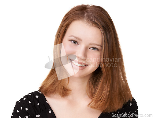 Image of White background, portrait or teenager with big smile, glow or flawless skin for skincare in studio. Happy, confident and gen z girl with mouth and lips for cosmetology or dermatology mockup