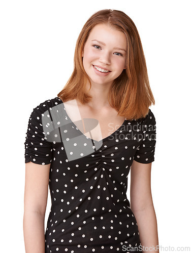 Image of Portrait, teenage girl or big smile with white background for yearbook or graduation photo in studio. Mock up of happy, female student or gen z teenager with confidence and glow for school picture