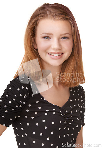 Image of Basic, portrait, and teenager with smile for fashion, photo and studio with white background. Mock up of happy, confident and gen z young girl with glow for yearbook, graduation or school picture
