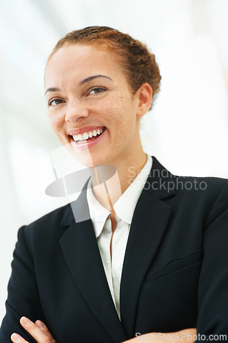 Image of Happy, woman and arms crossed in office with professional accountant working in financial company with pride. Person, smile and confidence in corporate accounting firm as business advisory in economy