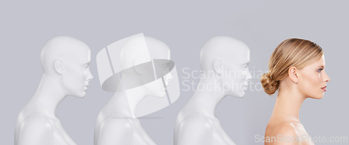 Image of Mannequins, posture and woman with skincare, cosmetics and beauty on a white studio background. Person, development and row with model and beauty with profile and robotic with creativity or glow