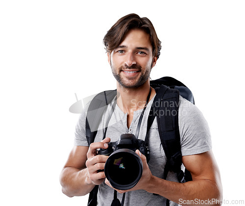 Image of Photographer, portrait and happy with camera in studio for career, behind the scenes or backpack. Photography, person or smile with equipment, mockup space or shooting gear for photoshoot or creative