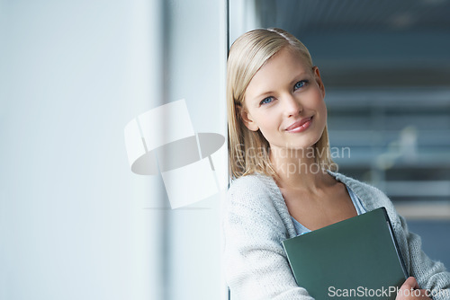 Image of University, college and portrait of woman with books in hallway for learning, studying and knowledge. Academy, mockup and happy student with textbooks for scholarship, notes or education on campus