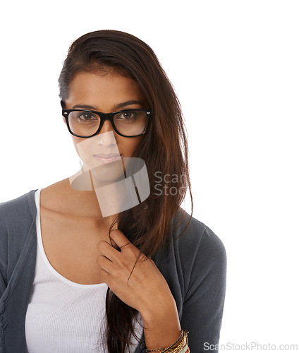 Image of Woman, portrait and glasses for clear vision as optometry healthcare or studio, mockup space or white background. Female person, model and face with eyewear for prescription frames wellness or India