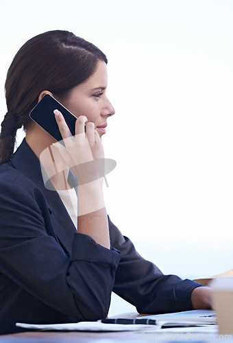 Image of Professional woman, talking and phone call at work with white background, communication and networking. Profile, conversation for finance of business, employee and worker in corporate company