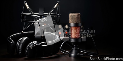 Image of Professional Studio Microphone and Headphones on Dark Background