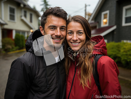 Image of Happy Couple Smiling in Outdoor Jackets Near Home