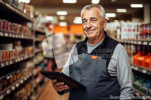 Image of Senior Store Employee With Tablet in Supermarket Aisle