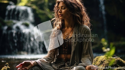 Image of Serene Meditation by Waterfall in Lush Forest Setting