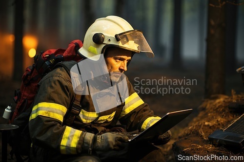 Image of Focused Firefighter Using Tablet during Forest Fire Operation