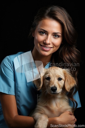 Image of Smiling Veterinarian Holding a Cute Puppy Against Dark Background