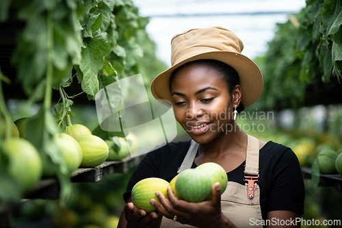 Image of Farmer Inspecting Organic Melons in a Greenhouse