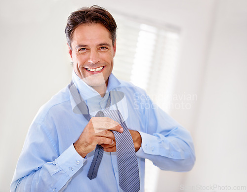 Image of Portrait, tying tie and businessman dressing in home, job or entrepreneur preparation in the morning. Face, professional and getting ready for work, happy person wear necktie or consultant in house