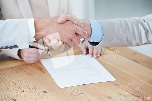 Image of Shaking hands, business people and contract, onboarding with human resources in meeting or interview. Paperwork, cooperation and partnership with signature, recruitment and handshake for welcome