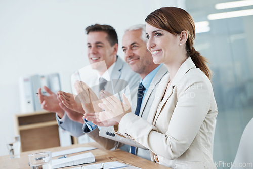 Image of Business people, applause and support for success with congratulations and audience at presentation or seminar. Clapping hands, pride and team praise, workshop in conference room for winner or reward
